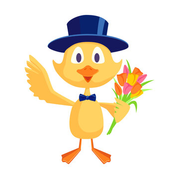 Cartoon duckling with a bouquet of flowers. Funny yellow baby chicks or ducks different activities, celebrating birthday, watching movie, dancing, sleeping. For cartoon character