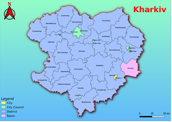 Vector map of the Ukraine administrative divisions of Kharkiv Region with City, City Council, District, Raion