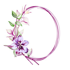 Oval frame with purple flower and tradescantia branch with leaves, isolated on white background. Watercolor hand drawn. Copy space.