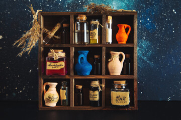 Ancient alchemical laboratory with various flasks. - obrazy, fototapety, plakaty