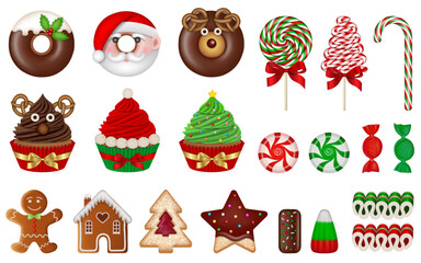 Set of isolated christmas sweets. collection of christmas cupcakes, donuts, cookies and candies