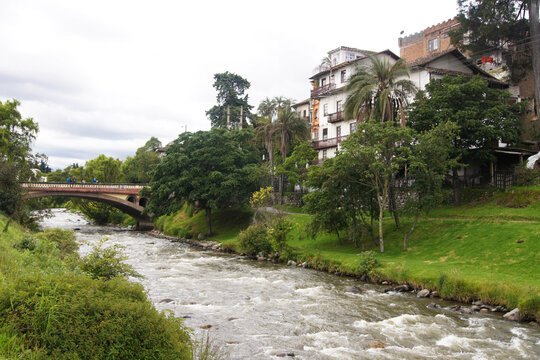 Riverbank of the Tomebamba river with colonial houses in Cuenca - Ecuador