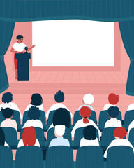In the assembly hall there is a lecture for senior schoolchildren or students. An empty screen in the hall where you can place the necessary information. Flat vector illustration.