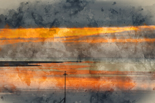 Digital watercolour painting of Beautiful sunset landscape image of Solway Firth viewed from Silloth during stunning Autumn sunset with dramatic sky