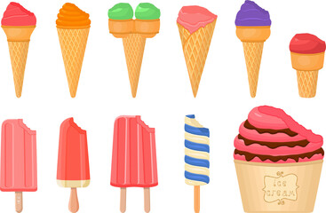 big kit ice cream popsicle different types in cone waffle cup