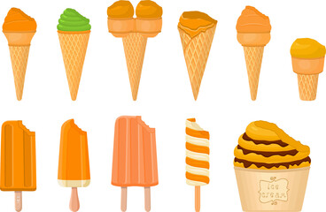 big kit ice cream popsicle different types in cone waffle cup
