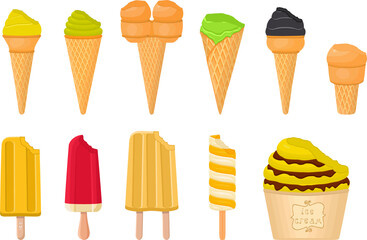 big kit ice cream popsicle different types in cone waffle cup