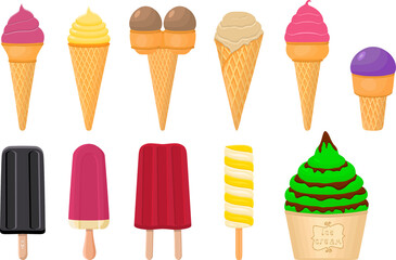 big kit ice cream popsicle different types in cone waffle cup