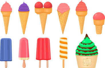 big kit ice cream popsicle different types in cone waffle cup