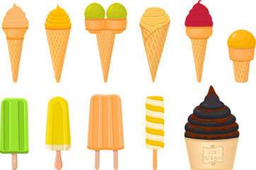 big kit ice cream popsicle different types in cone waffle cup