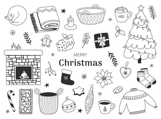 Christmas set in doodle style, fireplace, fir tree, poinsettia, gifts, decorations and more. A collection of contour elements for seasonal design.