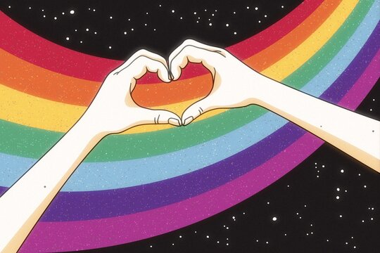 Heart shaped hands and rainbow in space. Romantic LGBT poster