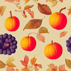 seamless pattern with seasonal fruit vegetable leave foliage autumn fall winter 