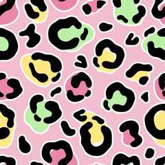 Fototapeta premium Cartoon colourful animal print, leopard print, vector seamless pattern in the style of doodles, hand drawn