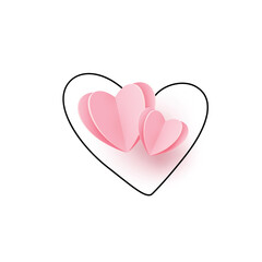 Two pink realistic paper cut hearts on heart outline line, isolated on