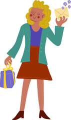 Woman hanging present box and envelope with hearts. Female giving birthday gift. Holiday card. Celebrating greeting card
