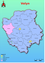Vector map of the Ukraine administrative divisions of Volyn Region with City, City Council, District, Raion