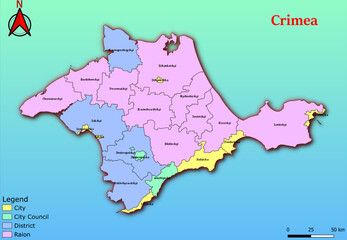 Vector map of the Ukraine administrative divisions of Crimea Region with City, City Council, District, Raion