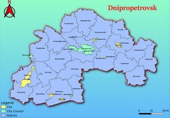 Vector map of the Ukraine administrative divisions of Dnipropetrovsk Region with City, City Council, District, Raion