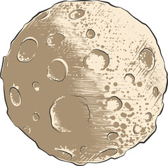 PNG engraved style illustration for posters, decoration and logo. Hand drawn sketch of moon planet with craters in colorful isolated on white background. Detailed vintage woodcut style drawing.   © AkimD