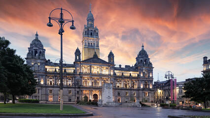 Glasgow City Chambers and George Square at dramatic sunset, Scotland - UK