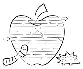 contour maze for children. puzzle or labyrinth concept. an apple with a worm and a hedgehog. illustration for printing.