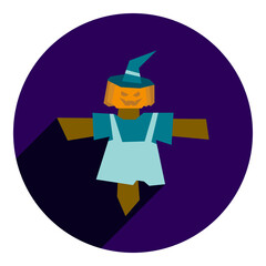 scarecrow with overalls. icon in flat style scarecrow with face and jumpsuit. flat purple with long shadow logo. halloween icon. web browser icon.