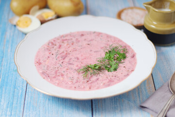A plate with cold beetroot soup - national dish of Baltic region