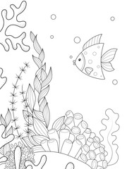 Fototapeta premium Seabed with algae and fish. Antistress coloring book, white background and black lines. Raster