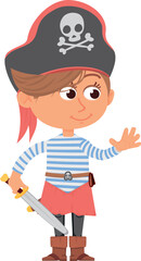 Girl in pirate costume. Happy party kid with toy sword