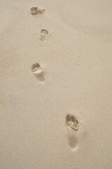 Top view of foot prints on the sea sand. Foot prints going to sea with waves. Holiday concept with sea and foot trails. No people holiday concept. Selective focus area.