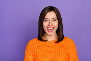 Photo of cheerful positive person beaming smile tongue lick teeth isolated on violet color background - obrazy, fototapety, plakaty