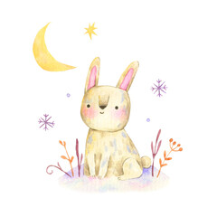Watercolor illustration - cute bunny sitting under the moon. Cute animal character. winter cartoon baby animal - cute rabbit.