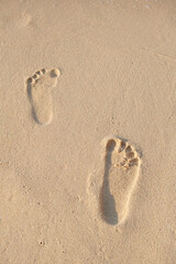 Top view of foot prints on the sea sand. Foot prints going to sea with waves. Holiday concept with sea and foot trails. No people holiday concept. Selective focus area.