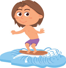 Kid stand on surfboard. Happy cartoon child in summer