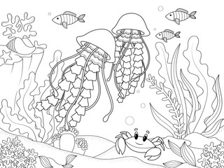 Seabed, marine animals. The jellyfish swims among algae and other fish. Coloring book, vector children.