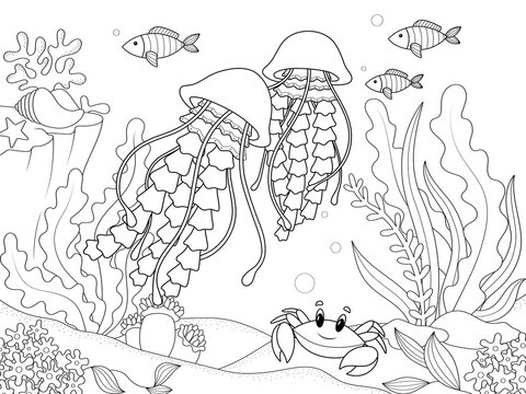 Seabed, marine animals. The jellyfish swims among algae and other fish. Coloring book, raster children.