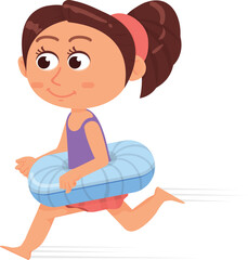 Girl running with swimming ring. Happy summer kid