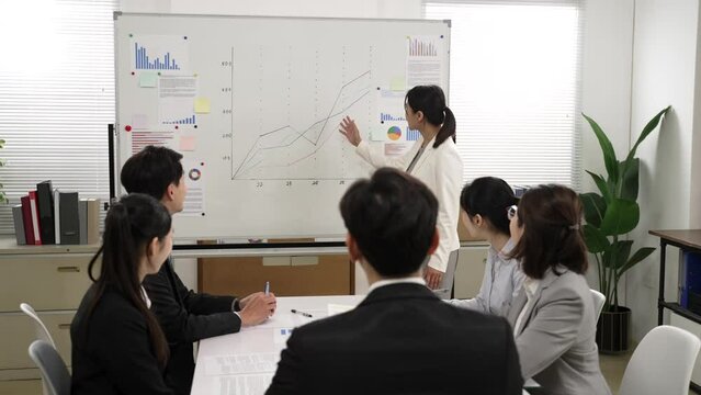smiling asian woman team leader analyzing graph on whiteboard and showing thumb up gesture for improving work performance in the meeting with workers