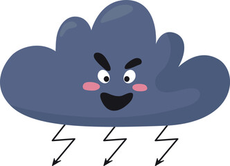 Angry dark cloud with thunder sign. Weather emoji