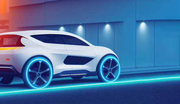 Concept Generic Electric Sport Car Design In White Glossy Paint And Neon As Electric Futuristic Style Vehicle Being Charged With Cable, Mixed Digital 3d Illustration And Matte Painting