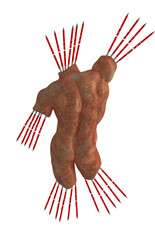 Classical statue of human torso without limbs, partially erased by pencils with eraser, metaphorically represents cancel culture and historical revisionism, 3d illustration, 3d rendering