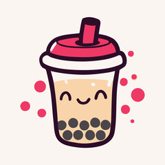 Kawaii bubble tea vector illustration. Cute delicious beverage. Fresh sweet drink with bubbles and tea. Summer ice with peals. Milkshake. Cartoon doodle of happy asian drink. Popular icon vector logo