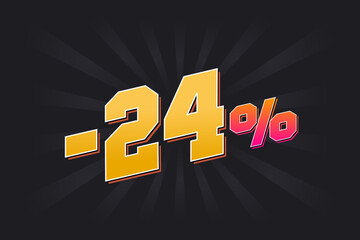 Negative 24% discount banner with dark background and yellow text. -24 percent sales promotional design.