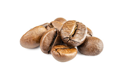 Coffee beans isolated. Black espresso coffee bean flying. Aromatic grain fall isolated on white. Represent breakfast for energy and freshness concept