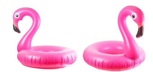 Summer fun isolated. Pink pool inflatable flamingo for summer be