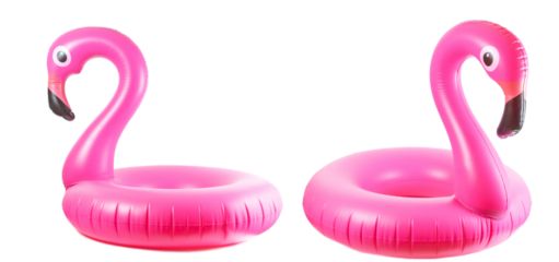 Summer fun isolated. Pink pool inflatable flamingo for summer be