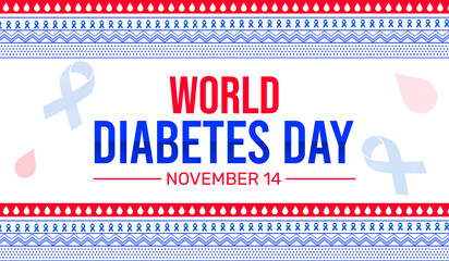World Diabetes Day Wallpaper with Ribbon and drop sign inside the traditional border design. International diabetes day backdrop