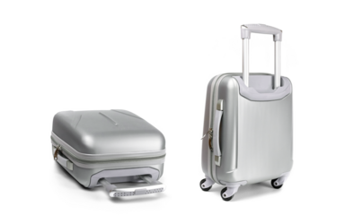 Travel suitcase isolated. Silver plastic luggage or vacation bag