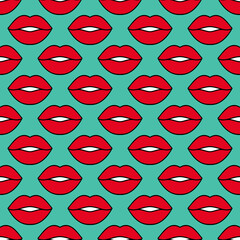 Colorful lips. Seamless bright vector pattern with red lips on a turquoise background. Fashion pop art background. For modern original designs, prints, textiles, fabrics, and wallpapers.